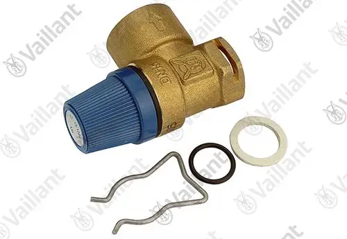 Vaillant Sicherheitsventil in metallischer Ausführung, mit blauem Drehknopf, O-Ringen und Befestigungselementen.